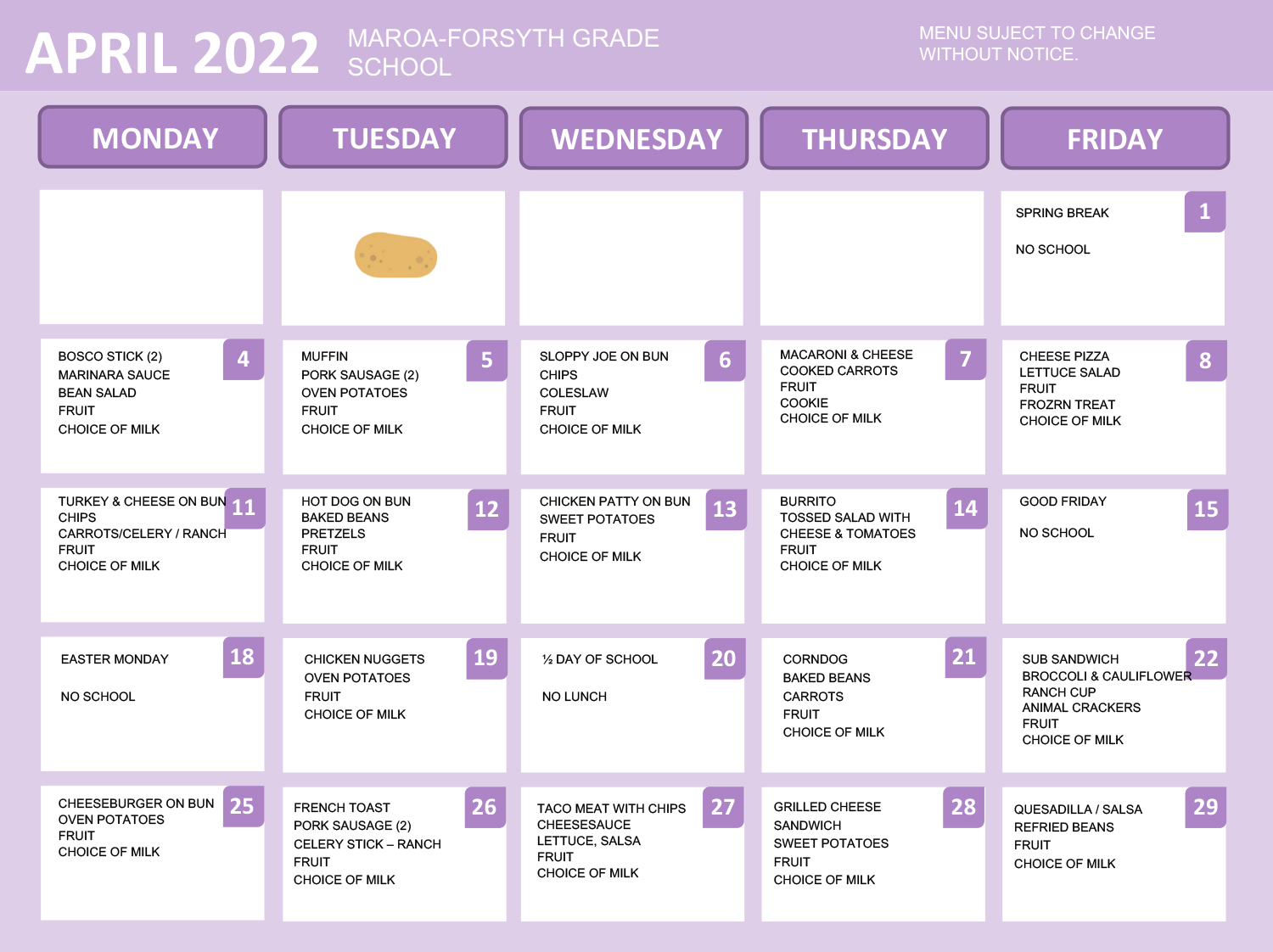 Grade School April Menu