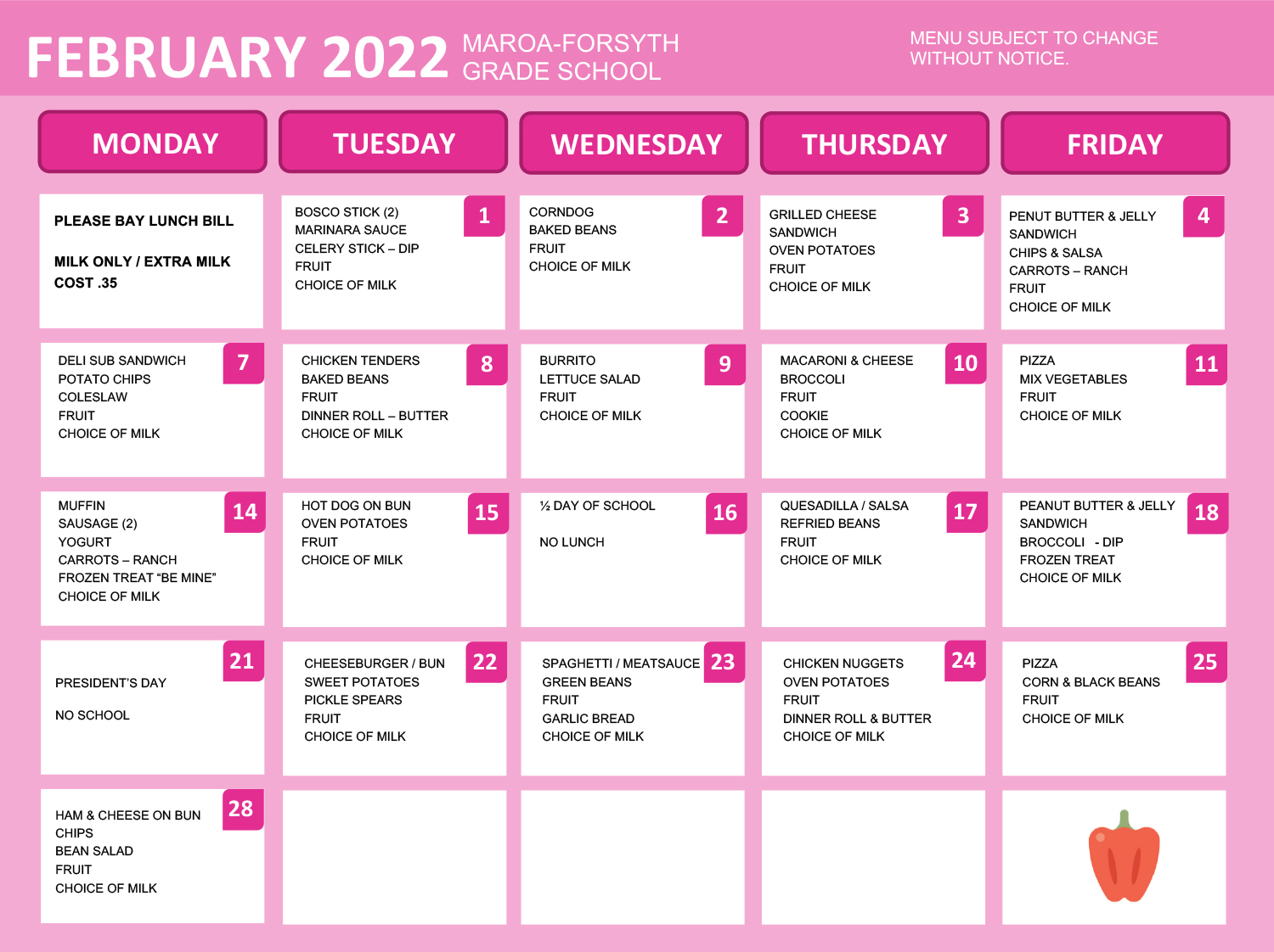 February Grade School Menu 2022