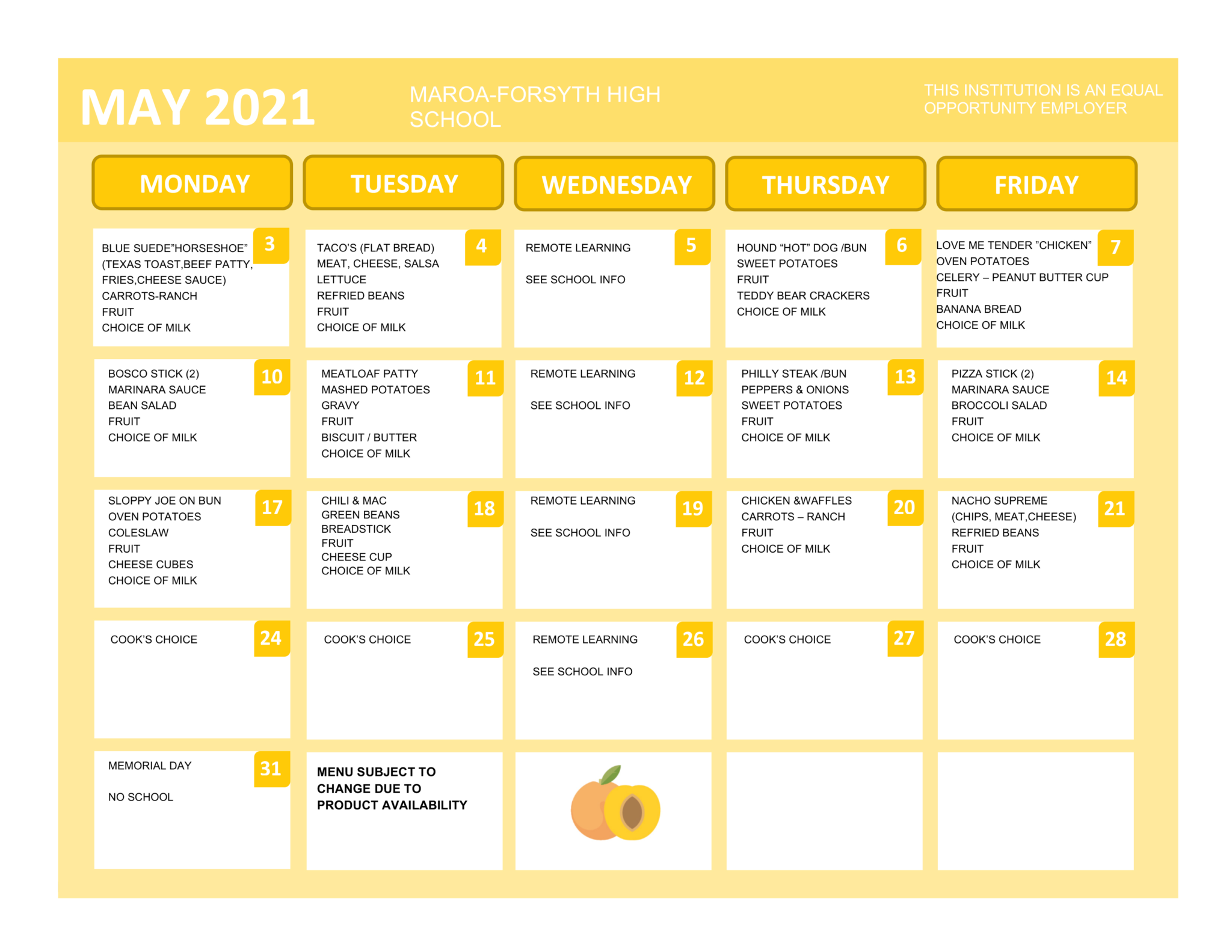May High School Lunch Menu