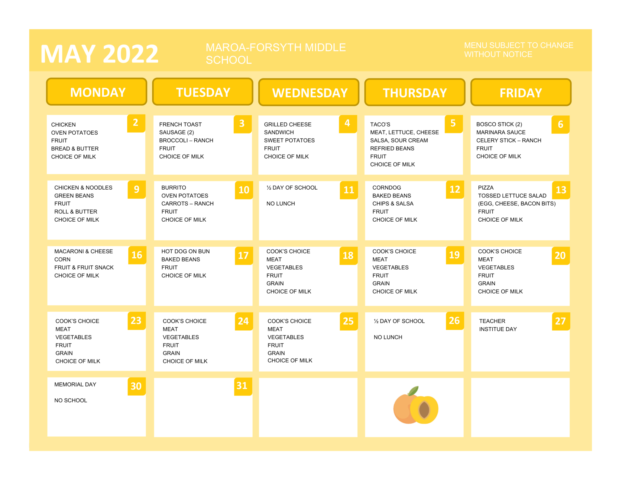 May 2022 Middle School Lunch Menu